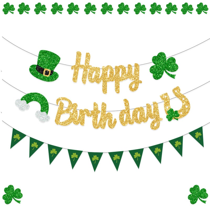FHGG Gold Glitter St Happy Birthday Banner Decorations Shamrock for St. Patricks Day Home Party Lucky One 1st Birthday - Image 1